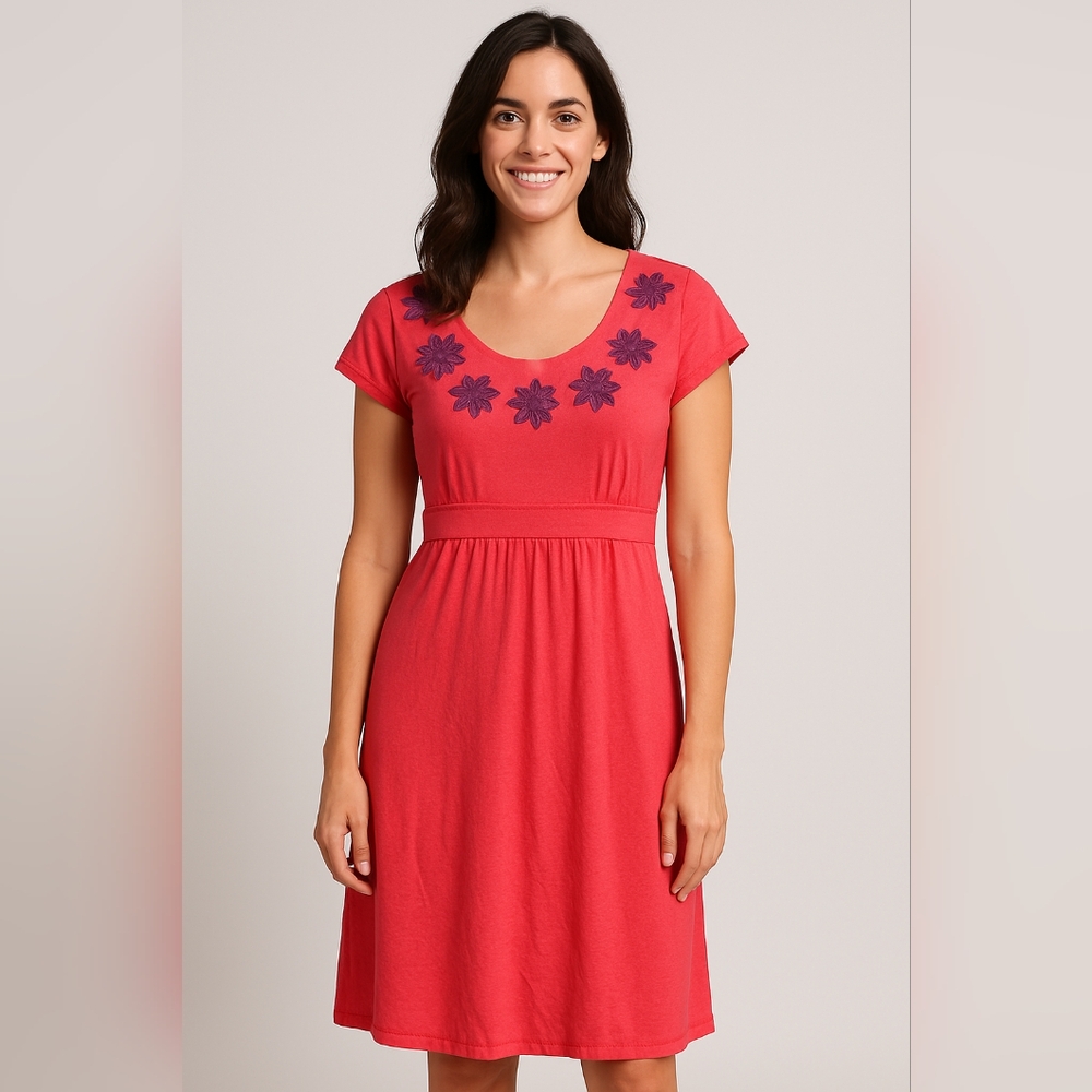 Boden Berry Pink Knit Dress With Rag Embroidered Flowers Size 6 Long